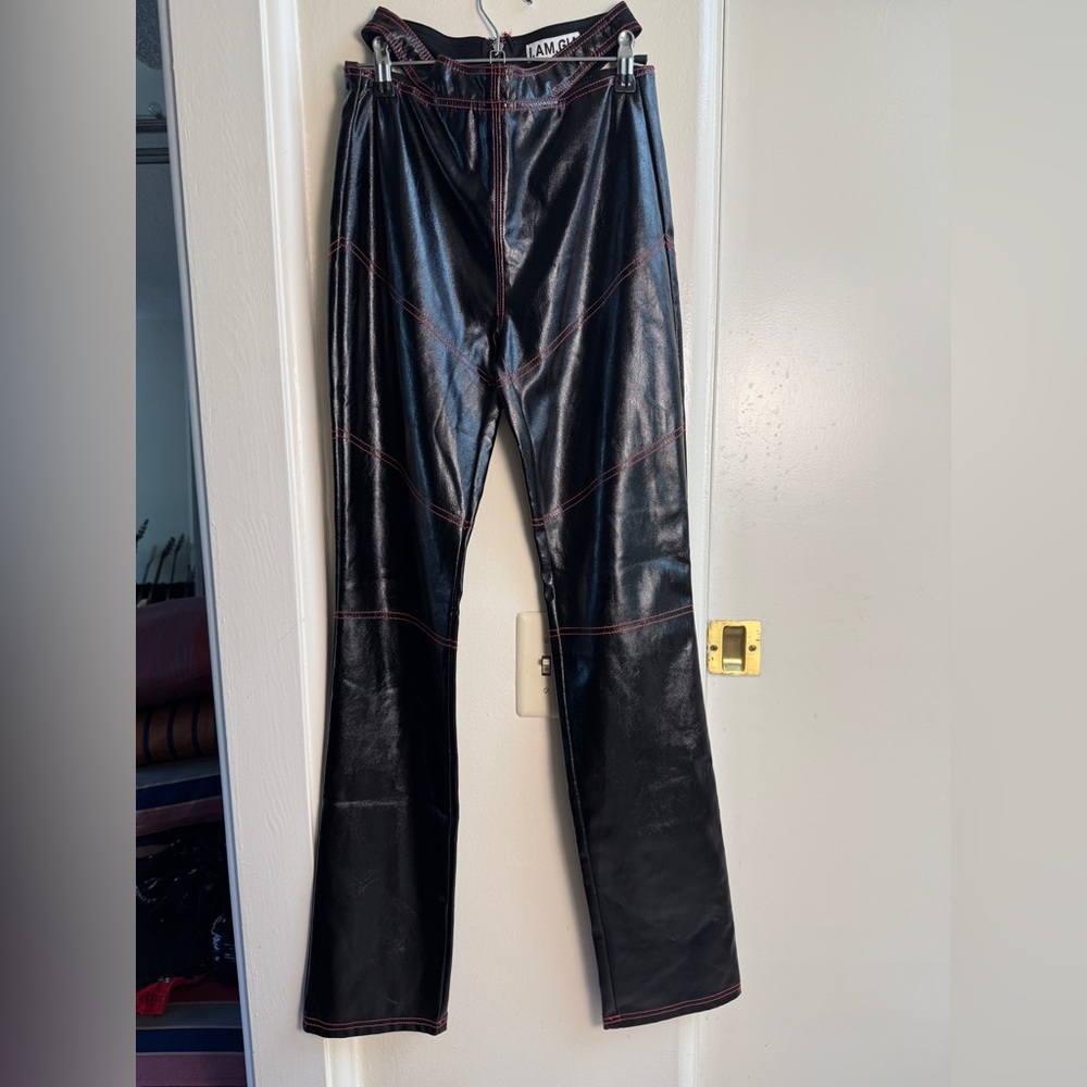 I.AM.GIA Chic Black Faux Leather Pants with Red Accents